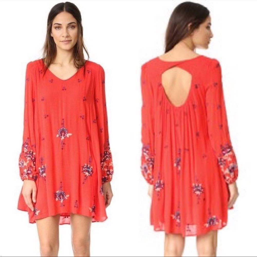 Free People Austin Hot coral orange red mini dress embroidered boho style size M